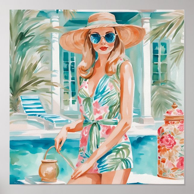 Poster Aquarelle Preppy Palm Beach Girl à la piscine (Devant)