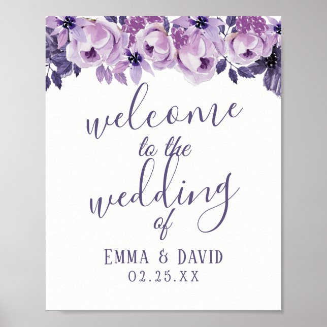 Poster Aquarelle Purple Floral Élégant Mariage Bienvenue (Devant)