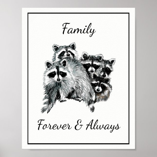 Poster Aquarelle Raccoons Famille Pour toujours et toujou (Devant)