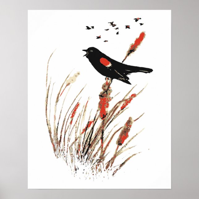 Poster Aquarelle Red Wing Blackbird Oiseau Art de la natu (Devant)