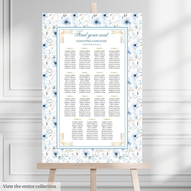 Poster Aquarelle romantique Pastel Bleu Plat d'Or (Romantic Watercolor Pastel Blue Gold Seating Chart)