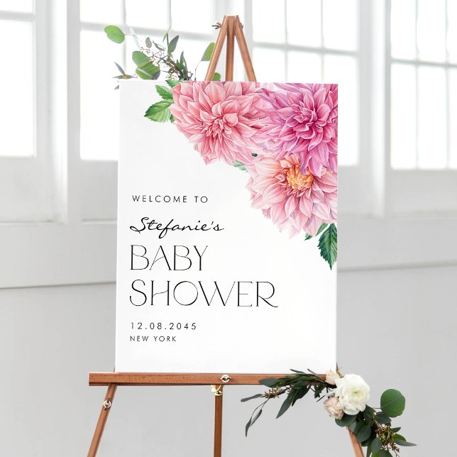 Poster Aquarelle rose Baby shower de printemps Dahlia (Créateur téléchargé)