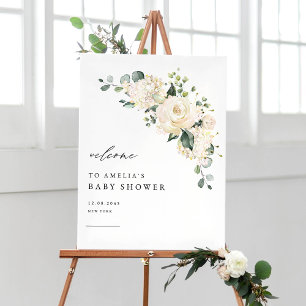 Poster Aquarelle Rose blanche et Baby shower Hydrangea