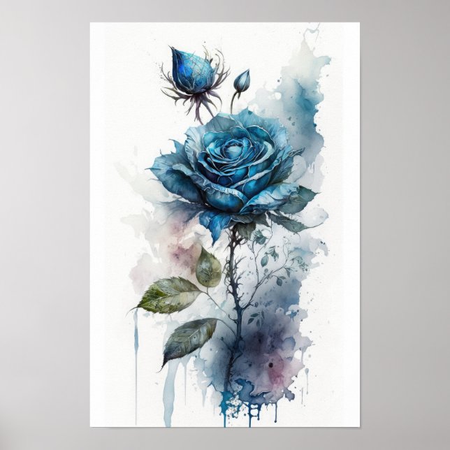 Poster Aquarelle Rose Bleu Charme (Devant)