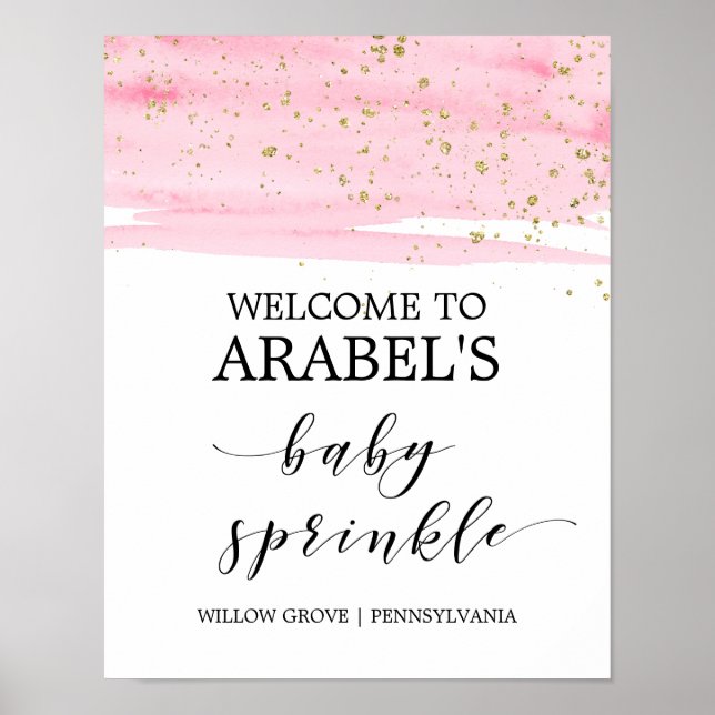 Poster Aquarelle rose Blush & Gold Baby Sprinkl Bienvenue (Devant)