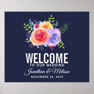 Poster Aquarelle Rose colorée Mariage floral Bienvenue