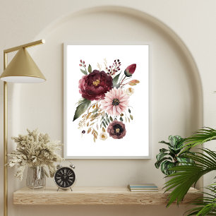 Poster Aquarelle rose du Maron Burgundy Botanique Florale