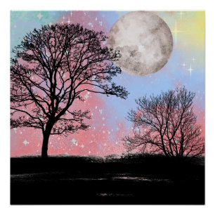 Poster Aquarelle Rose Et Bleu Ciel Arbres Et Lune