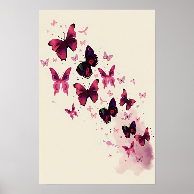 Poster Aquarelle rose et violet papillon Art (Devant)