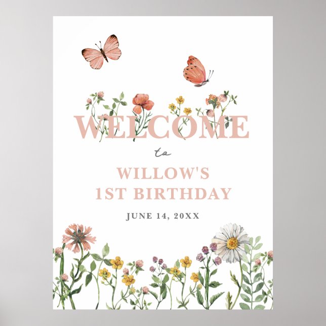 Poster Aquarelle rose Fleur sauvage 1er anniversaire Bien (Devant)