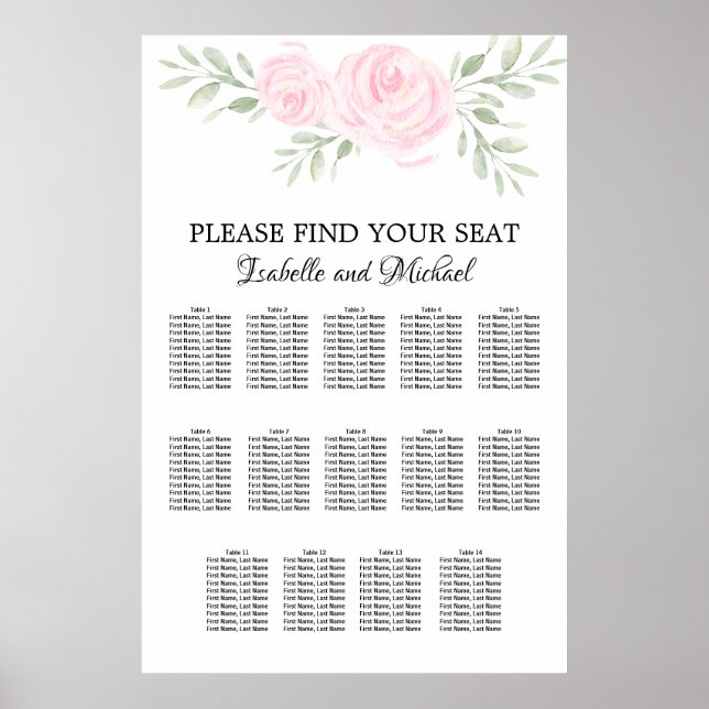 Poster Aquarelle rose Floral 14 tables (Devant)