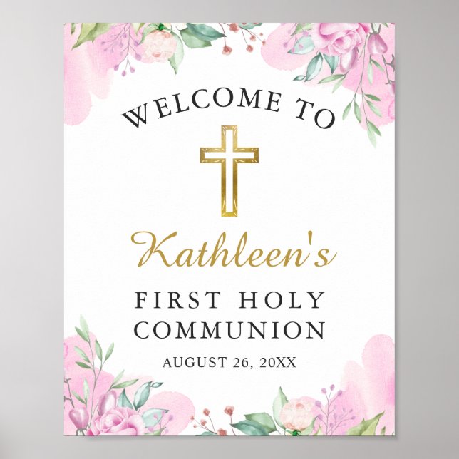 Poster Aquarelle rose Floral 1ère Sainte Communion Bienve (Devant)