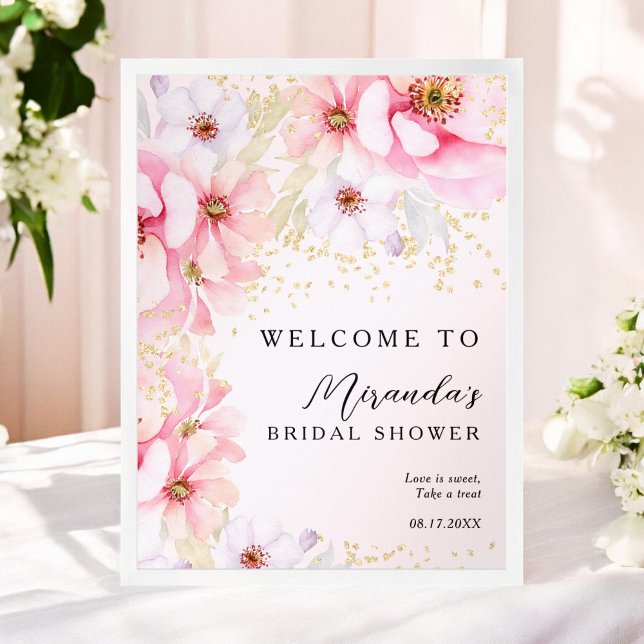 Poster Aquarelle rose Floral Parties scintillant or Fête  (Pink Watercolor Floral Gold Glitter Bridal Shower Poster)