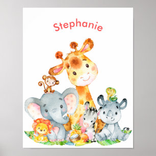 Poster Aquarelle rose mignonne Safari Jungle Animaux