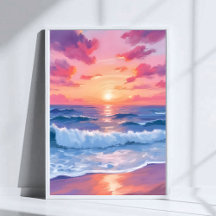 Aquarelle rose Ocean Waves Sunset