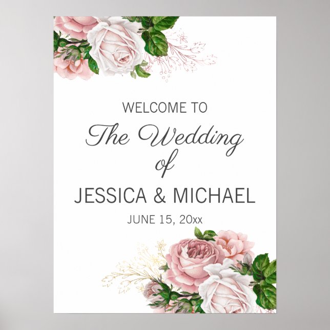 Poster Aquarelle rose pâle Mariage Floral Bienvenue (Devant)
