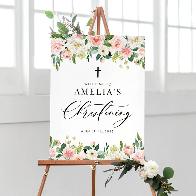 Poster Aquarelle rose pâle rose Fleur Garland Christening (Watercolor White and Blush Pink Floral Garland Christening Welcome Sign)