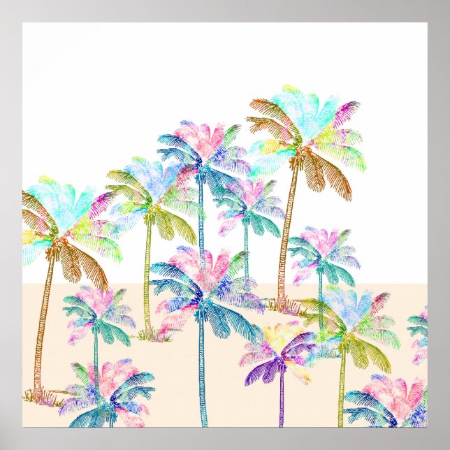 Poster Aquarelle rose Palmiers hawaïens tropicaux (Devant)