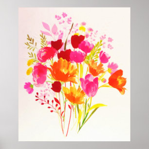 Poster Aquarelle Rose Pêche Prairie Florale