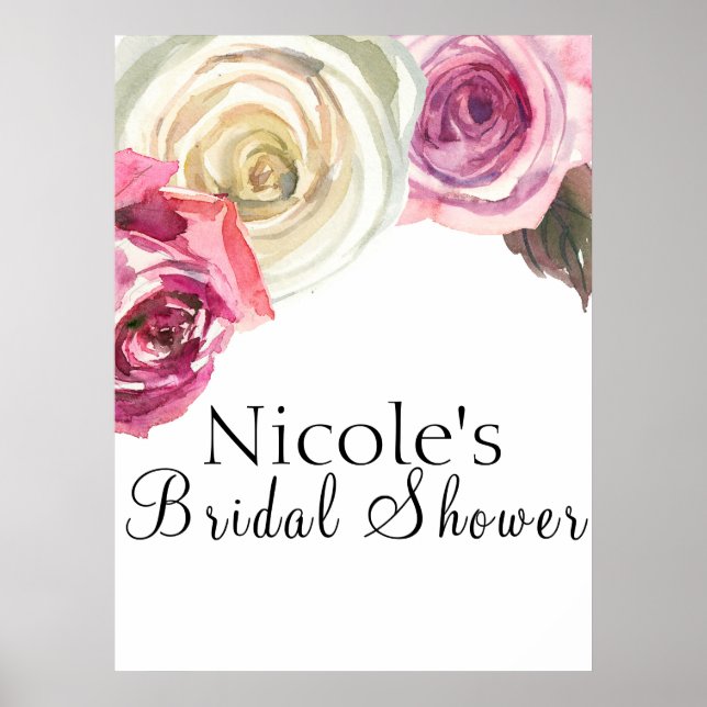 Poster Aquarelle Rose Rose & Blanc Floral Bienvenue (Devant)