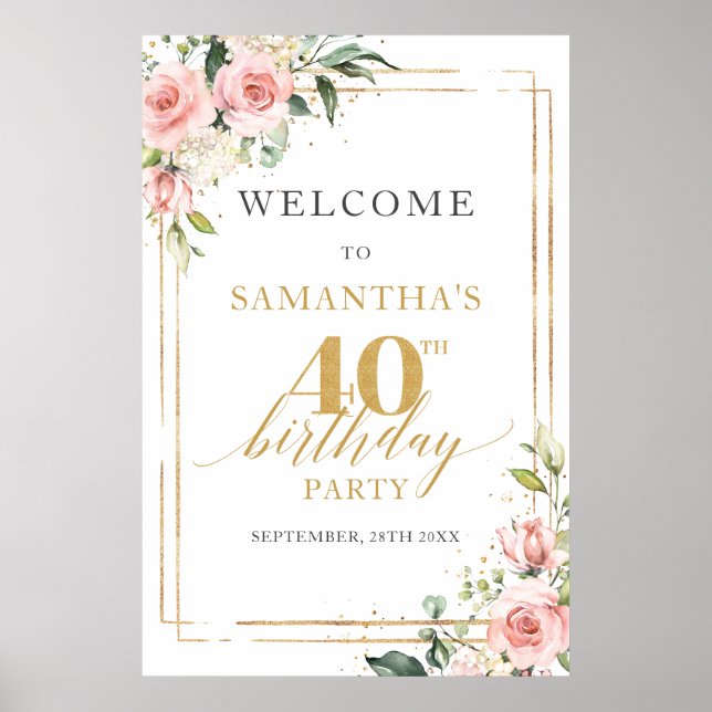 Poster Aquarelle rose rose floral 40e anniversaire bienve (Devant)