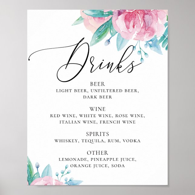 Poster Aquarelle rose rose floral script mariage boissons (Devant)