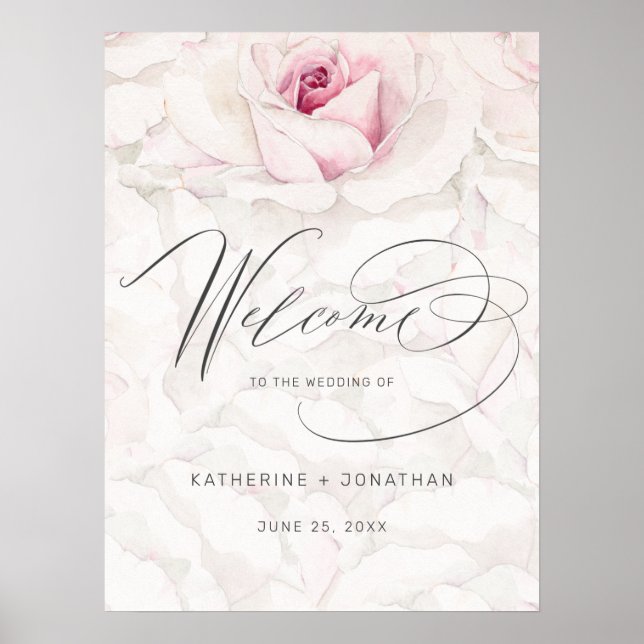 Poster Aquarelle rose rose moderne Mariage Floral Bienven (Devant)