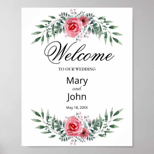 Poster Aquarelle Rose Rose Vert Mariage de feuillage (Devant)