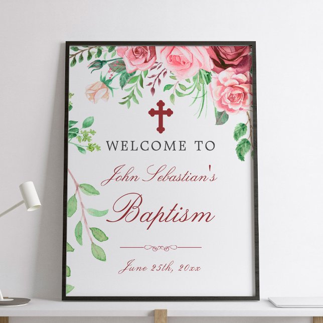 Poster Aquarelle rose Roses Jardin Baptême Symbole de bie (Créateur téléchargé)