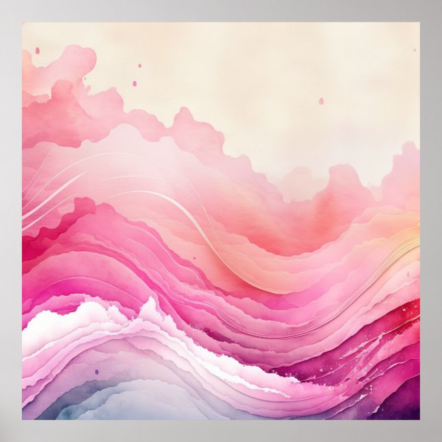 Poster Aquarelle rose Vagues océaniques (Devant)