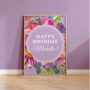 Poster Aquarelle rose violet Fleurs sauvages Joyeux anniv