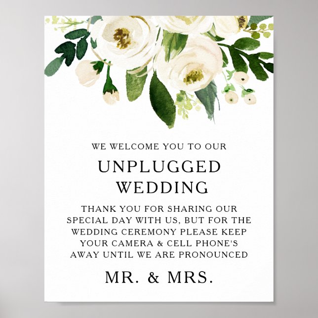 Poster Aquarelle Roses blanches Verdure Mariage débranché (Devant)