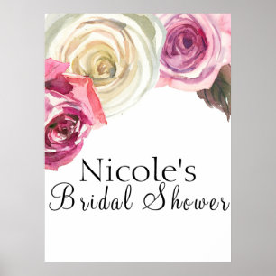 Poster Aquarelle Roses Fleurs Roses et Blanches Bienvenue