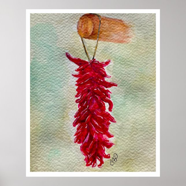 Poster Aquarelle Rouge Chili Ristra Nouveau Mexique (Devant)