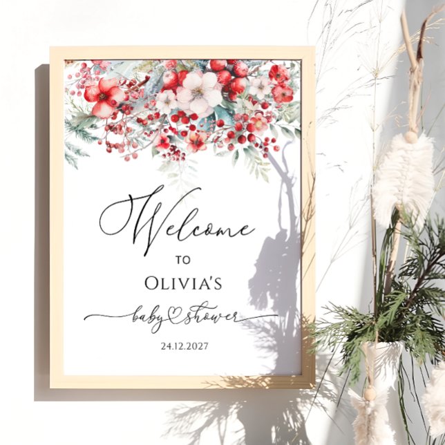 Poster Aquarelle Rouge hiver Baby shower Floral Bienvenue (Créateur téléchargé)