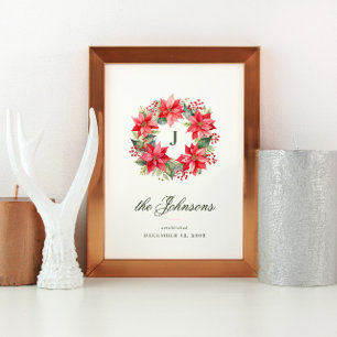 Poster Aquarelle rouge style Poinsettia Wreath Noël