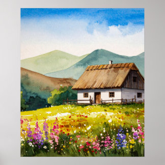 Poster Aquarelle rustique Country Cottage en Fleur sauvag