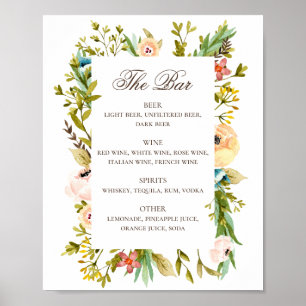 Poster Aquarelle rustique fleurie mariage menu de boisson