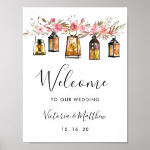 Poster Aquarelle rustique Floral Lanterne Mariage Bienven