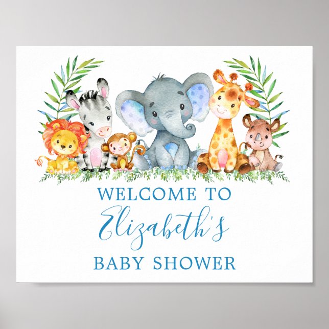 Poster Aquarelle Safari Animaux Baby shower Bleu (Devant)