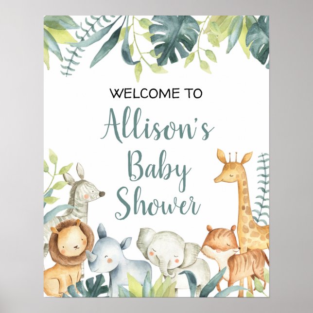 Poster Aquarelle safari animaux baby shower signe de bien (Devant)