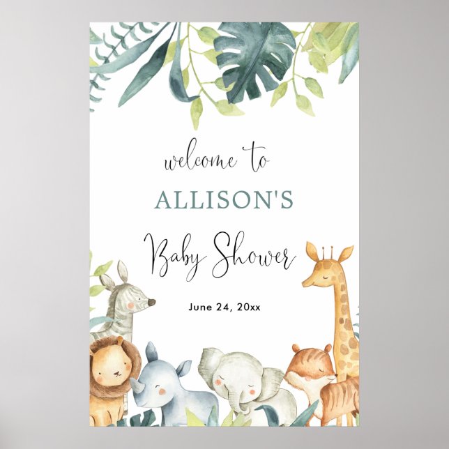 Poster Aquarelle safari animaux baby shower signe de bien (Devant)