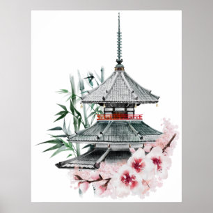 Poster Aquarelle Sakura Blossom Bambou Temple japonais