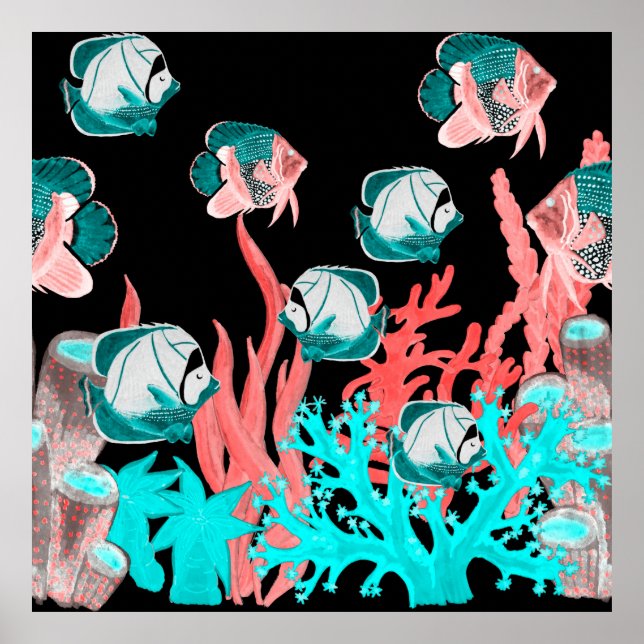 Poster Aquarelle sans couture motif avec poissons exotiqu (Devant)