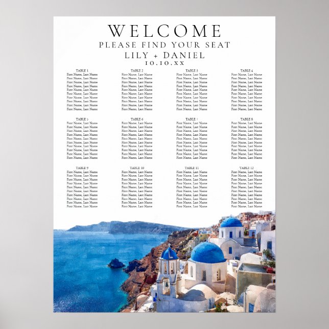 Poster Aquarelle Santorini Grèce Mariage Carte de siège (Devant)