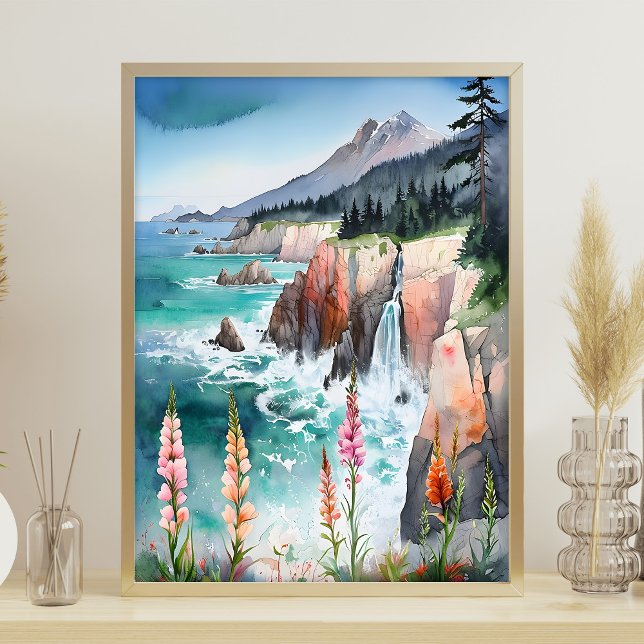 Poster Aquarelle Serene Fleur sauvage du paysage côtier (Créateur téléchargé)