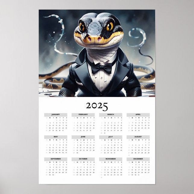 Poster Aquarelle Serpent Portant Tuxedo 2025 Calendrier d (Devant)