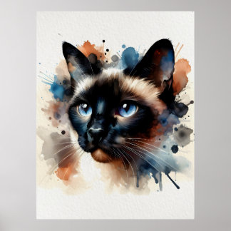 Poster Aquarelle Siamese Chat Portrait coloré