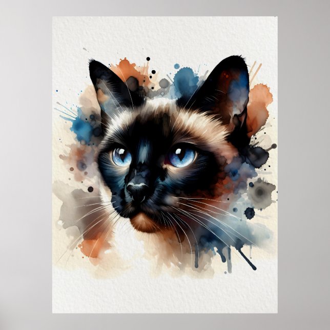 Poster Aquarelle Siamese Chat Portrait coloré (Devant)
