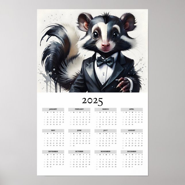 Poster Aquarelle Skunk Portant Tuxedo 2025 Calendrier des (Devant)